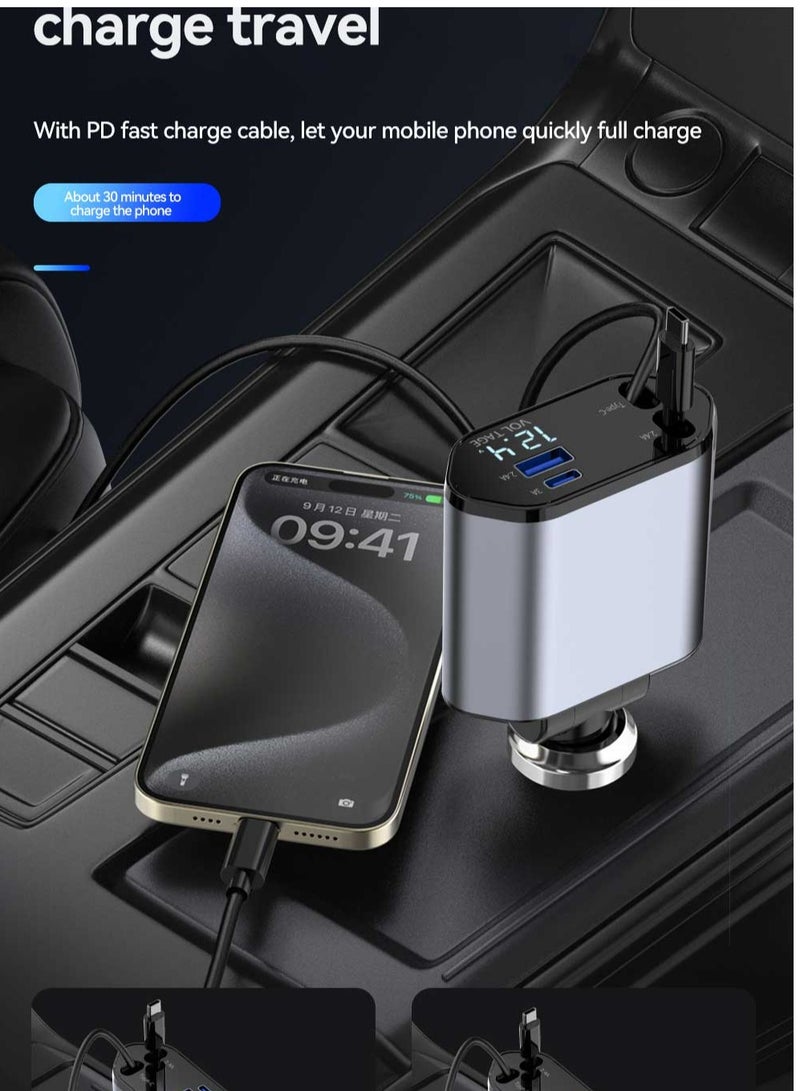 Fast Charging 120W 2 Retractable Cable and USB Port Car Charger Adapter  - Image 3