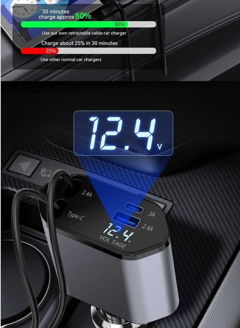 Fast Charging 120W 2 Retractable Cable and USB Port Car Charger Adapter  - Image 5