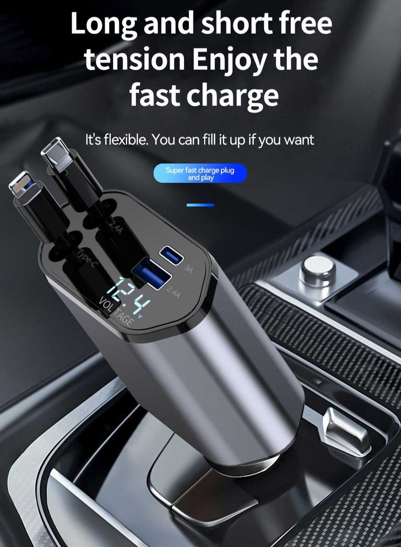 Fast Charging 120W 2 Retractable Cable and USB Port Car Charger Adapter  - Image 4