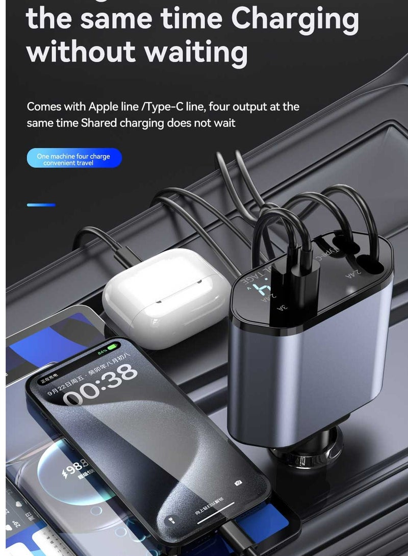 Fast Charging 120W 2 Retractable Cable and USB Port Car Charger Adapter  - Image 1