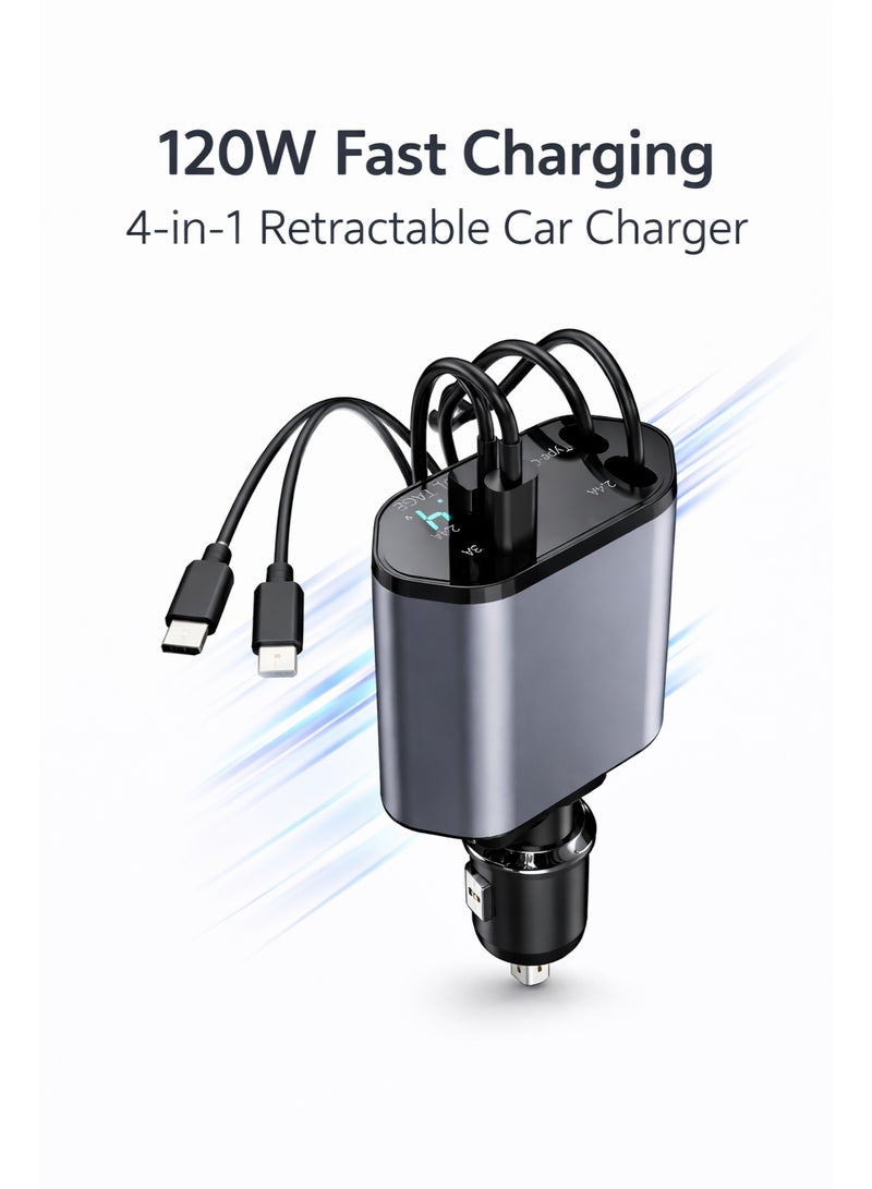 محول شاحن سيارة قابل للسحب 4 في 1 بقوة 120 واط مزود بكابلات من النوع C وLightning، مع شاشة LED لعرض الجهد الكهربائي - Image 1