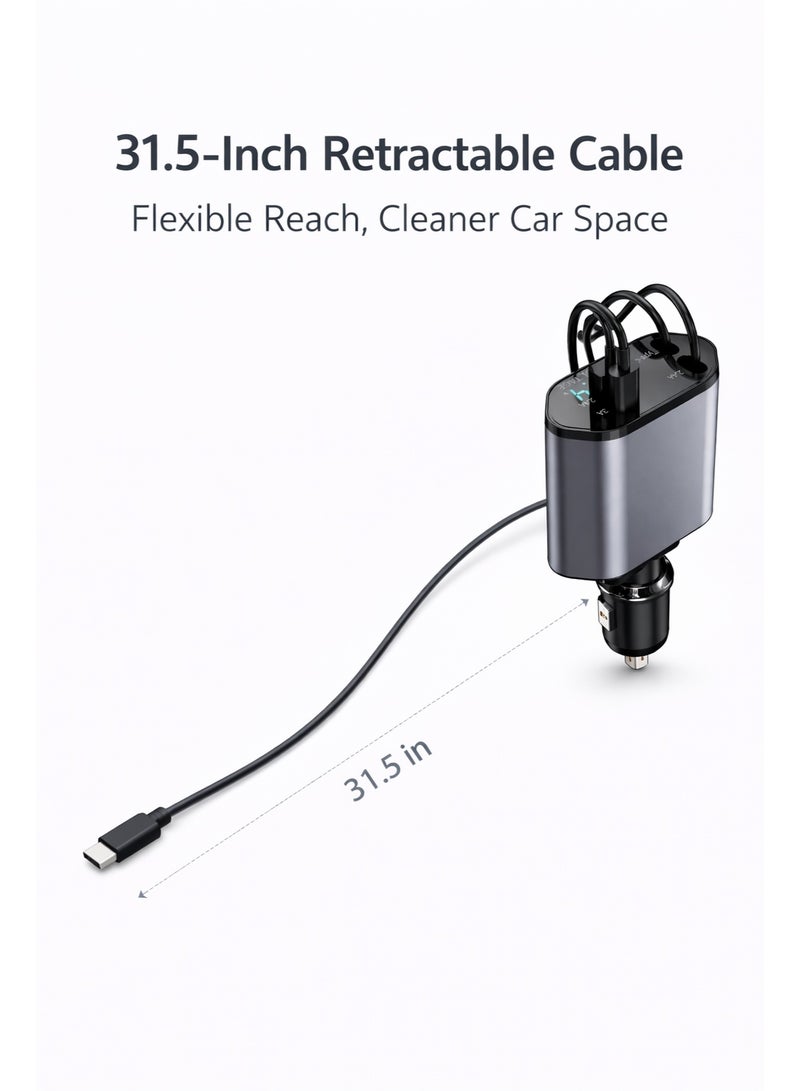 محول شاحن سيارة قابل للسحب 4 في 1 بقوة 120 واط مزود بكابلات من النوع C وLightning، مع شاشة LED لعرض الجهد الكهربائي - Image 3