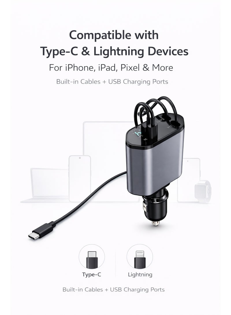 محول شاحن سيارة قابل للسحب 4 في 1 بقوة 120 واط مزود بكابلات من النوع C وLightning، مع شاشة LED لعرض الجهد الكهربائي - Image 4