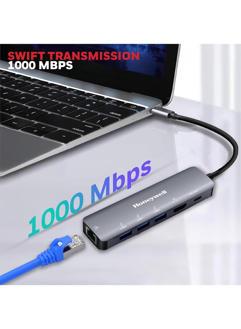 هوني ويل محطة إرساء Type C 6 في 1 / محور USB مع منفذ HDMI 4K ومنفذ Ethernet RJ45 بسرعة 1Gbps و 3 منافذ USB ومنفذ Type C 3.0 PD 100W لجميع أجهزة Type C Windows / MacBook ميزة التنقل رمادي - Image 4