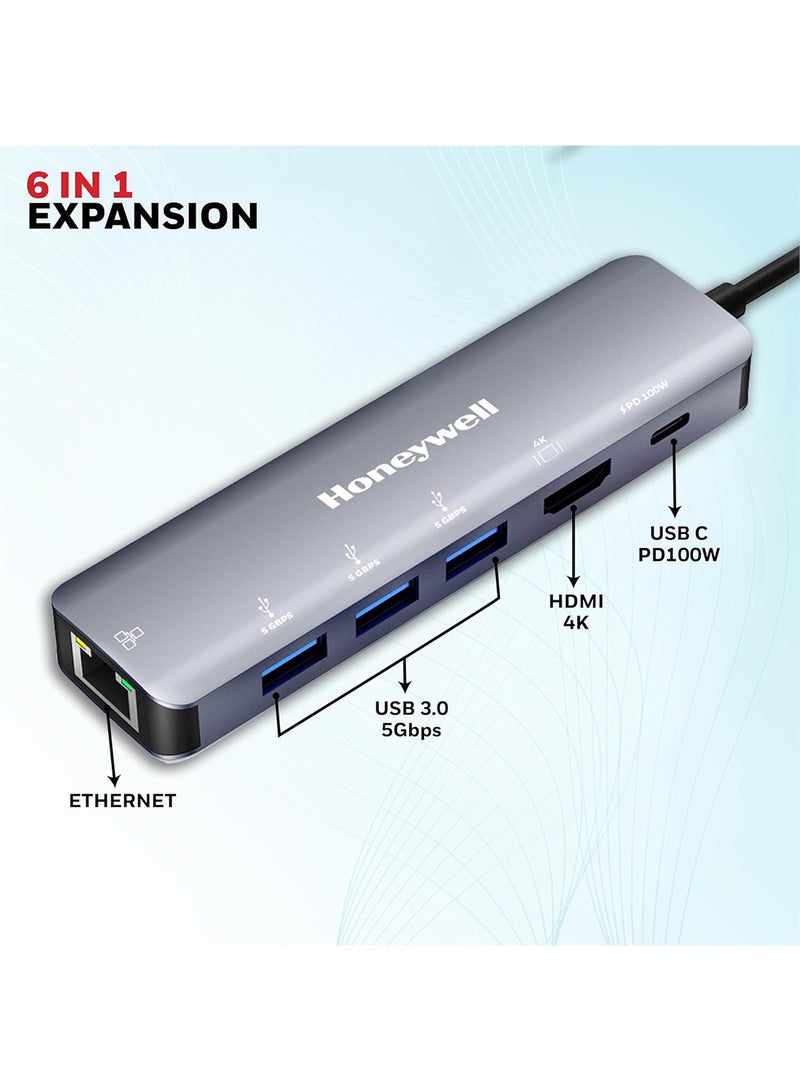 هوني ويل محطة إرساء Type C 6 في 1 / محور USB مع منفذ HDMI 4K ومنفذ Ethernet RJ45 بسرعة 1Gbps و 3 منافذ USB ومنفذ Type C 3.0 PD 100W لجميع أجهزة Type C Windows / MacBook ميزة التنقل رمادي - Image 2