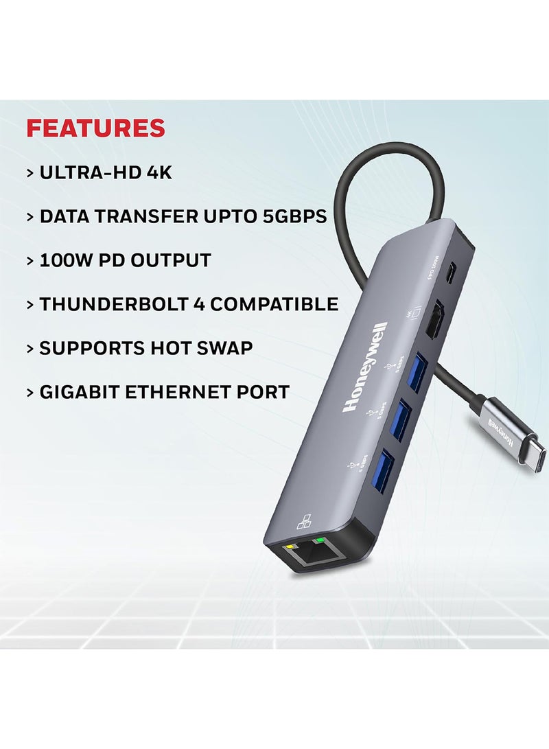 هوني ويل محطة إرساء Type C 6 في 1 / محور USB مع منفذ HDMI 4K ومنفذ Ethernet RJ45 بسرعة 1Gbps و 3 منافذ USB ومنفذ Type C 3.0 PD 100W لجميع أجهزة Type C Windows / MacBook ميزة التنقل رمادي - Image 3