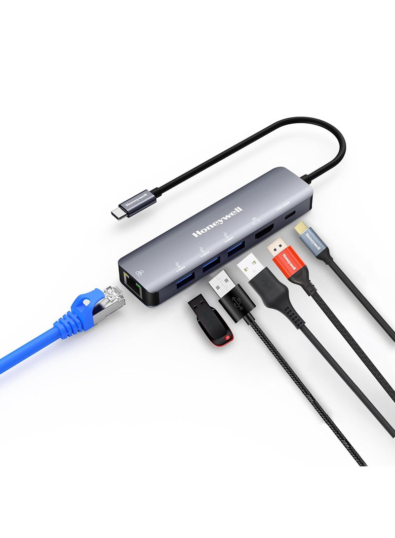 هوني ويل محطة إرساء Type C 6 في 1 / محور USB مع منفذ HDMI 4K ومنفذ Ethernet RJ45 بسرعة 1Gbps و 3 منافذ USB ومنفذ Type C 3.0 PD 100W لجميع أجهزة Type C Windows / MacBook ميزة التنقل رمادي - Image 1