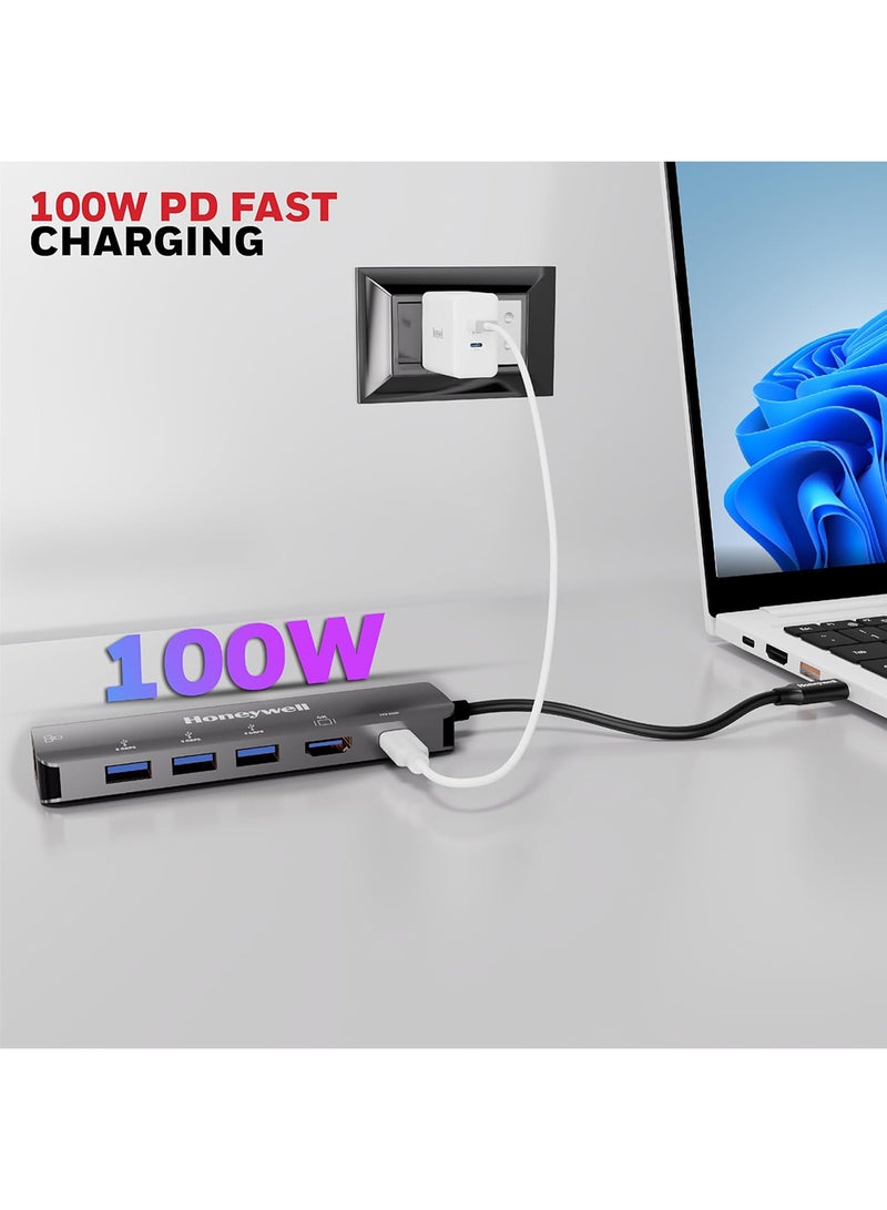 هوني ويل محطة إرساء Type C 6 في 1 / محور USB مع منفذ HDMI 4K ومنفذ Ethernet RJ45 بسرعة 1Gbps و 3 منافذ USB ومنفذ Type C 3.0 PD 100W لجميع أجهزة Type C Windows / MacBook ميزة التنقل رمادي - Image 5