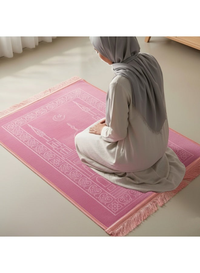فابينني سجادة صلاة مخملية فاخرة وردية اللون مقاس 80×120 سم، مضادة للانزلاق، سجادة جنازة إسلامية كبيرة للنساء والرجال، سجادة صلاة إسلامية ناعمة ومريحة بتصميم مسجد، سجادة هدايا إسلامية أنيقة للصلاة اليومية ورمضان والعمرة والحج - Image 2