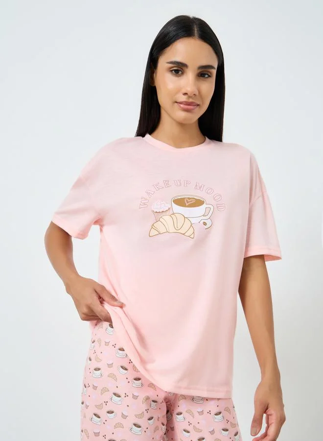 Styli Coffee Graphic Print Drop Shoulder T-Shirt and Pyjama Set