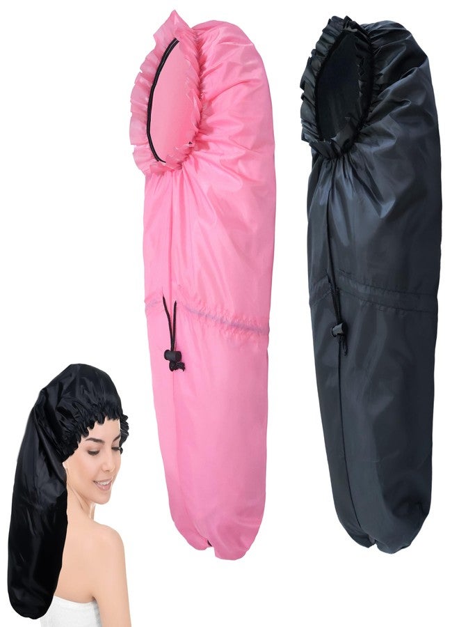 Drokenle Large Shower Caps for Braids, 2 PCS Waterproof Shower Caps for Women Long Hair, Reusable Large Size Bath Caps Hair Bonnets for Thick Curly Hair, Locs, Twist Braids, Dreadlocks (Black, Pink) - Image 1