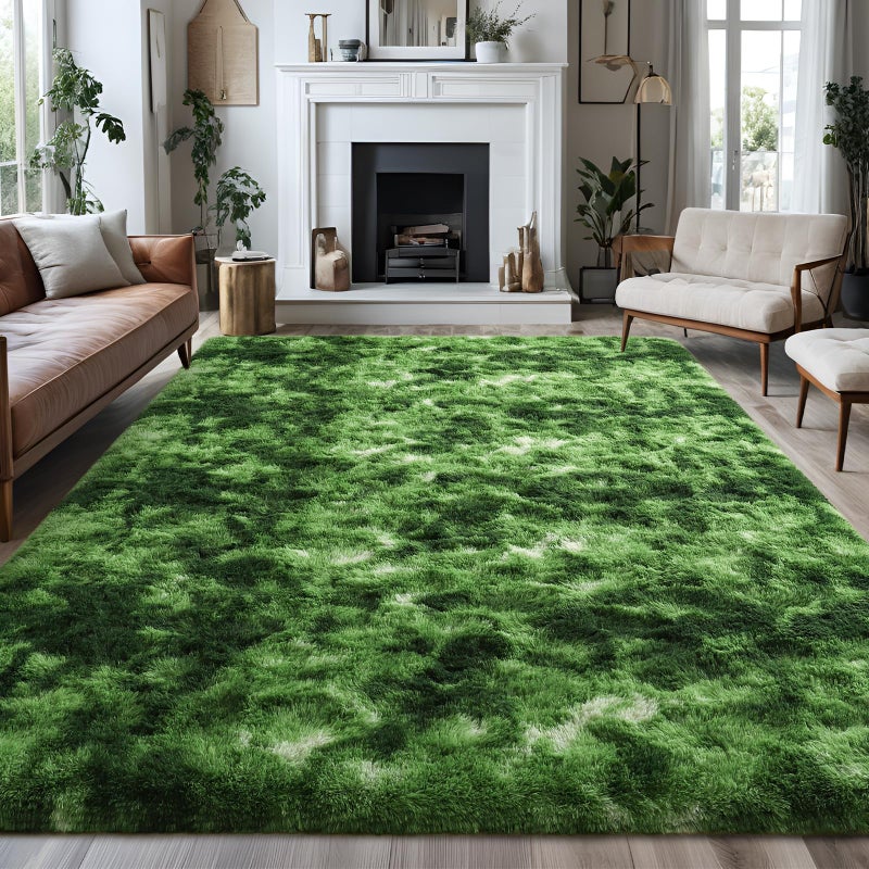 FALARK Super Soft Area Rugs for Bedroom Living Room  4x6 ft Dark Green Tie-Dyed Fluffy Rug Carpets for Girls Kids Room  Shaggy Fuzzy Indoor Modern Plush Rugs for Nursery Dorm Home Decor  Dark-Green - Image 1