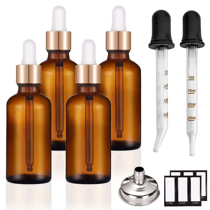 PrettyCare Set of 4 1 oz Dropper Bottles with Golden Caps Labels Funnel 2 Extra Dropper 30 ml Thick Dark Amber Glass Empty Tincture Bottles for Personal Care Beauty - Image 3