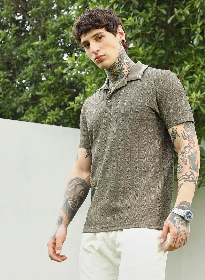 Campus Sutra Olive Green Textured Polo T-shirt for Men