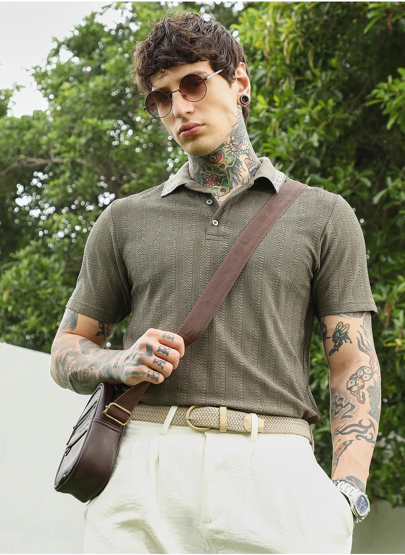 كامبوس سوترا Olive Green Textured Polo T-shirt for Men