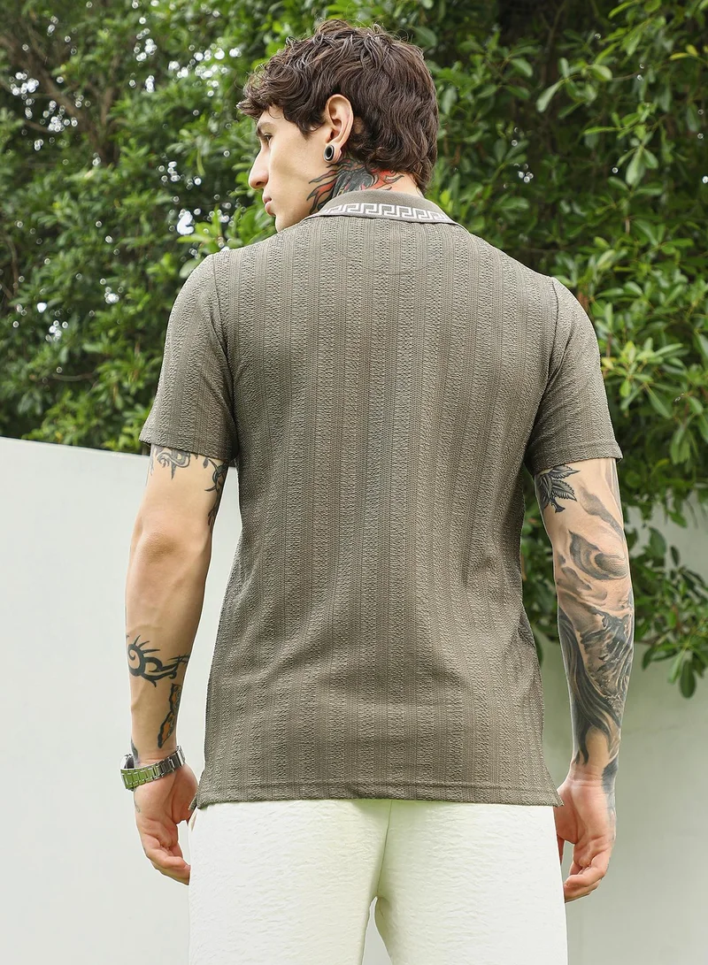 Campus Sutra Olive Green Textured Polo T-shirt for Men