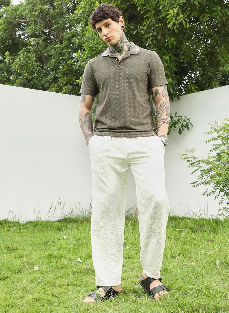 Campus Sutra Olive Green Textured Polo T-shirt for Men