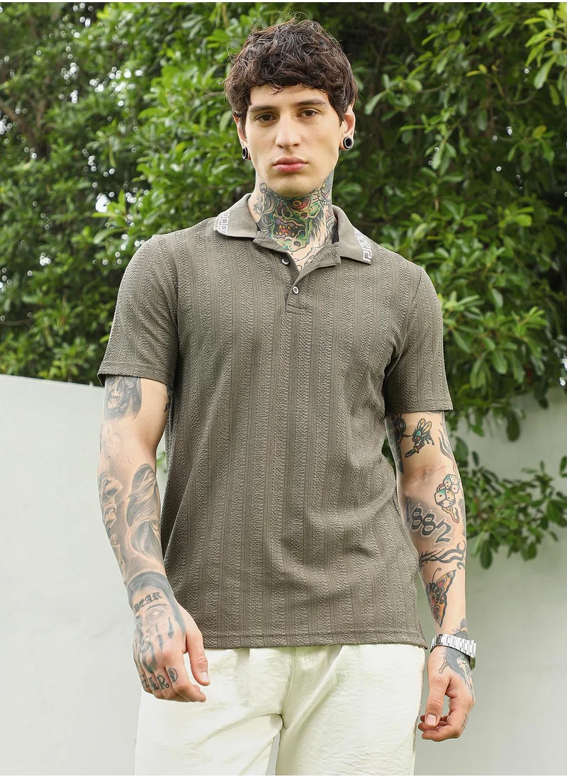 كامبوس سوترا Olive Green Textured Polo T-shirt for Men