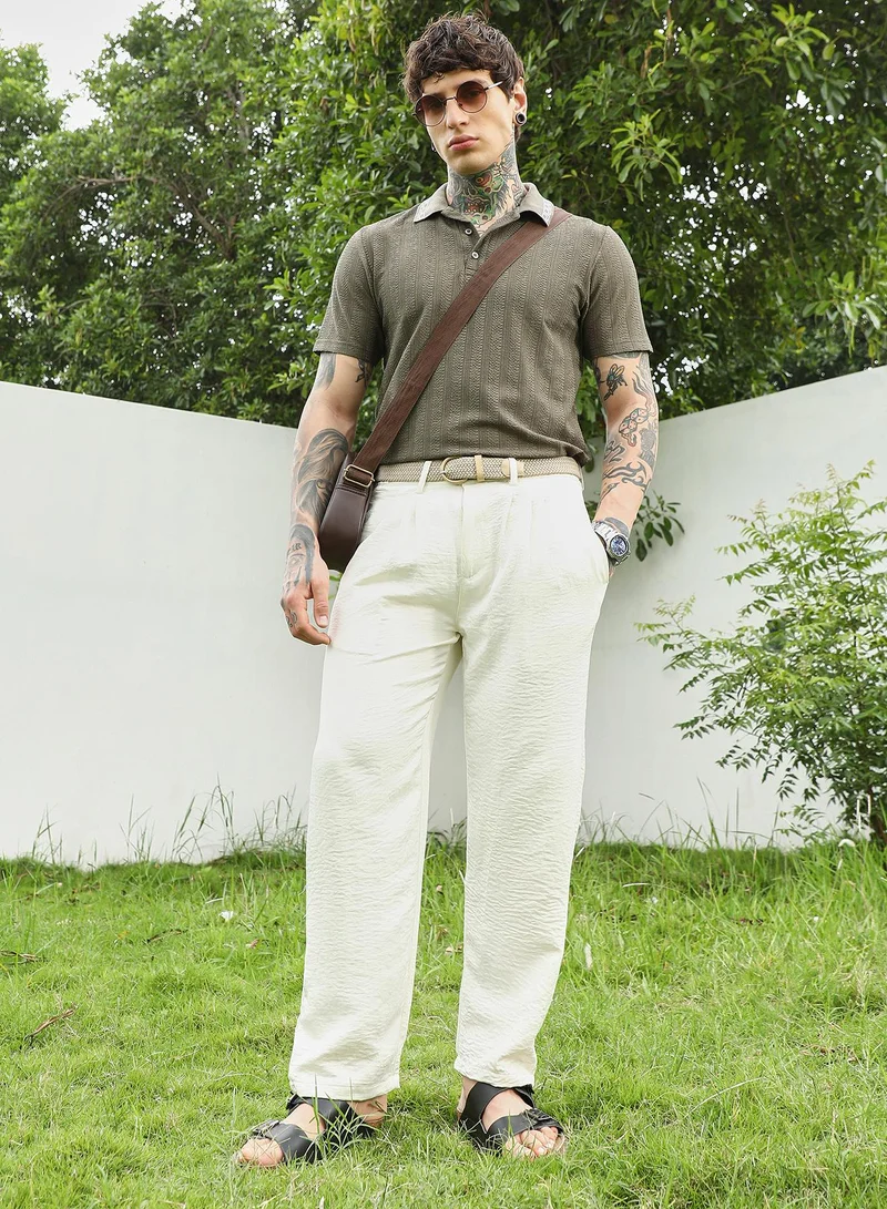 Campus Sutra Olive Green Textured Polo T-shirt for Men