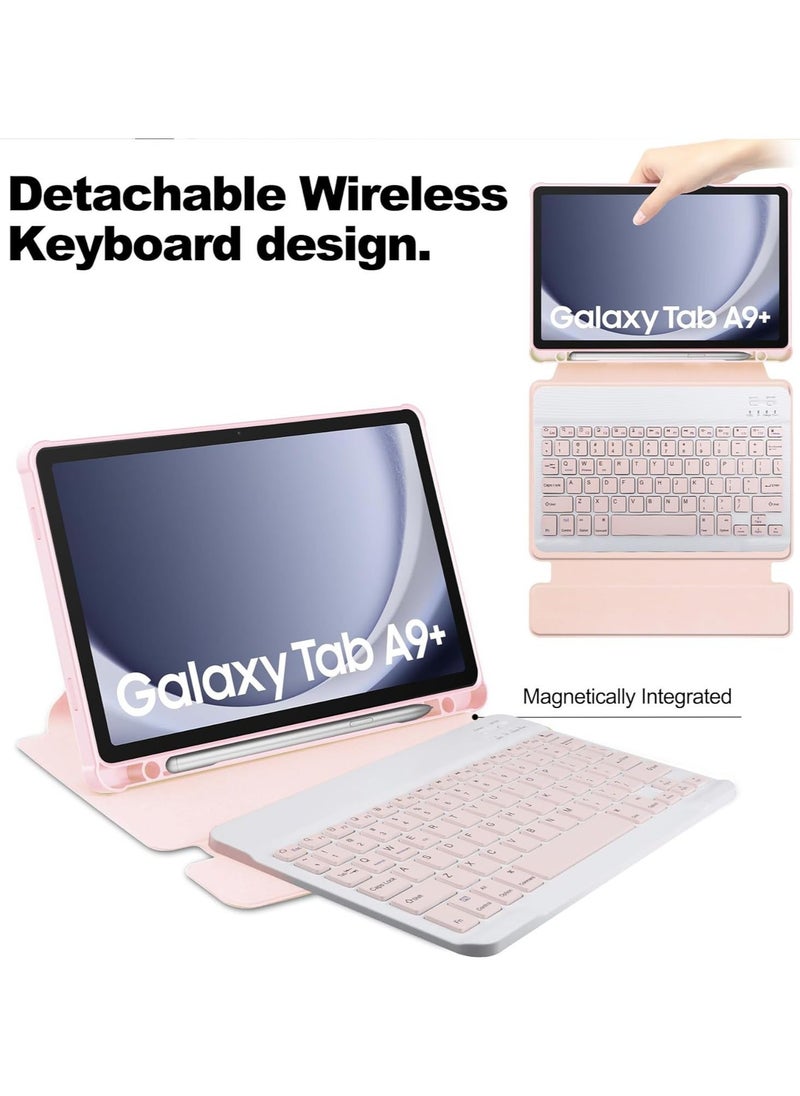 Generic - Samsung Galaxy Tab A9 Plus/A9+ 5G 11 Inch 2023 Model (SM-X210/X216/X218), Slim Lightweight Stand Cover with Magnetically Detachable Wireless Bluetooth Keyboard, Black (Pink) - Image 1