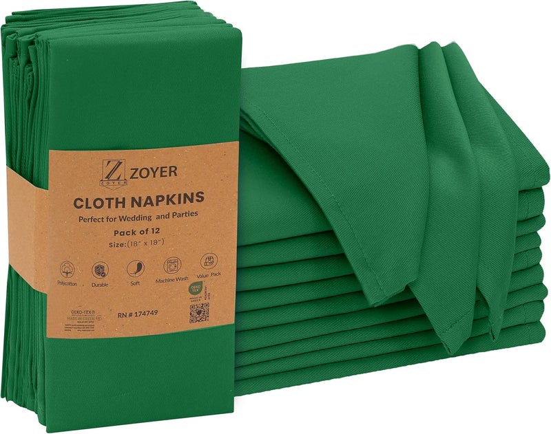 Zoyer Cloth Napkins Set of 12 18x18 Inches Cotton Enrich Napkins Cloth Washable Soft  Durable Dinner Napkins for Parties Wedding Christmas Thanksgiving  Everyday Use  Dark Green - Image 1
