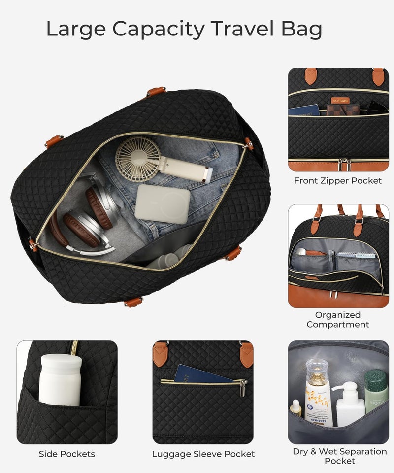 CLOKARS Weekender Bags for Women, Large Travel Duffel Bag Carry on Overnight Bag with Shoe Compartment and Toiletry Bag for Travel Business Gym Hospital, Black Brown - Image 2