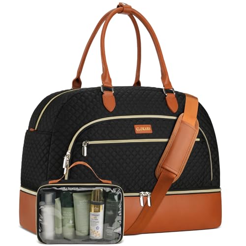 CLOKARS Weekender Bags for Women, Large Travel Duffel Bag Carry on Overnight Bag with Shoe Compartment and Toiletry Bag for Travel Business Gym Hospital, Black Brown - Image 1