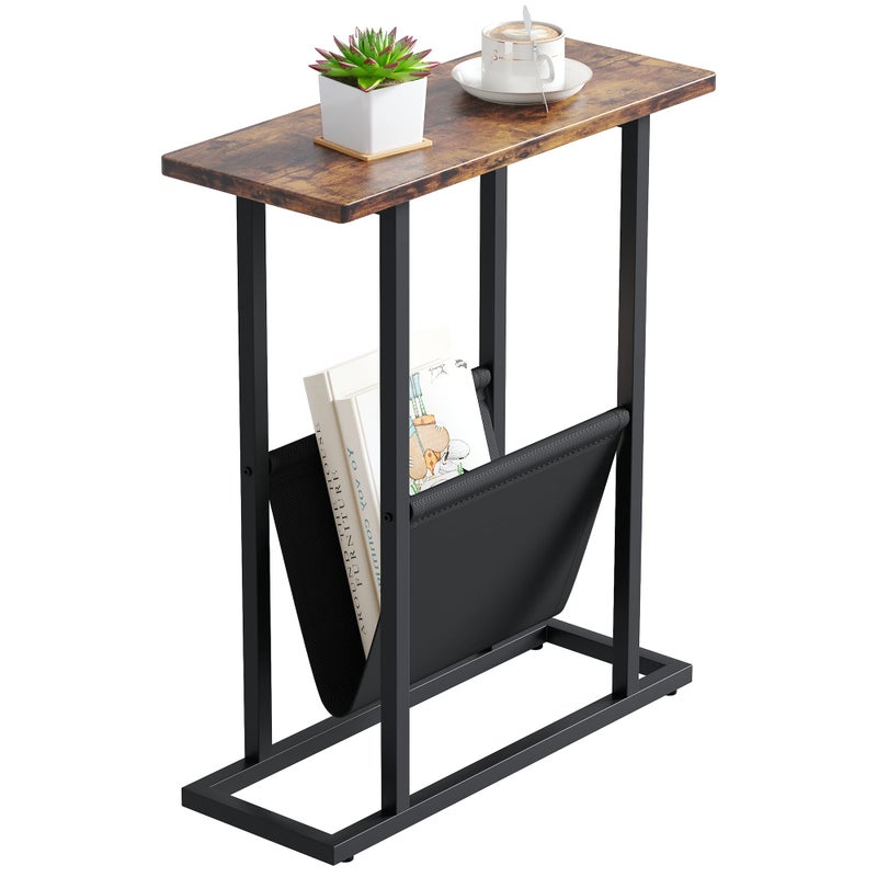Yusong Narrow Side Table for Small Spaces, Small End Table with Magazine Holder, Skinny Slim Little Thin Table for Living Room, Bedroom, Sofa, Rustic Brown - Image 1