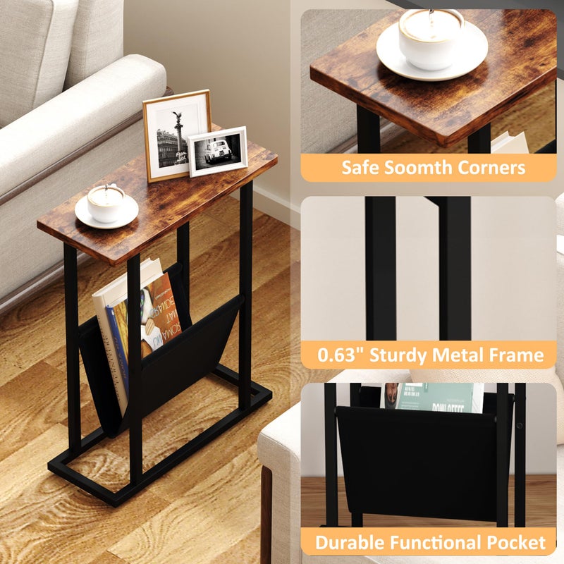 Yusong Narrow Side Table for Small Spaces, Small End Table with Magazine Holder, Skinny Slim Little Thin Table for Living Room, Bedroom, Sofa, Rustic Brown - Image 3