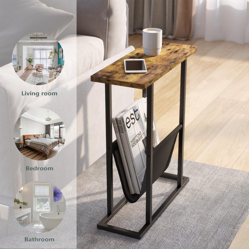 Yusong Narrow Side Table for Small Spaces, Small End Table with Magazine Holder, Skinny Slim Little Thin Table for Living Room, Bedroom, Sofa, Rustic Brown - Image 4