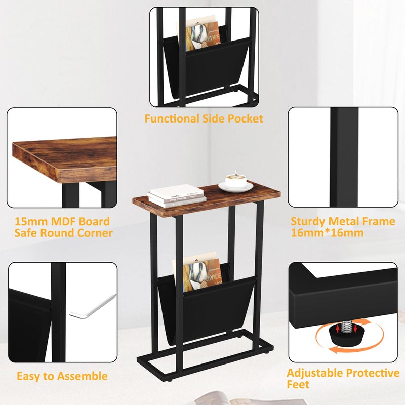 Yusong Narrow Side Table for Small Spaces, Small End Table with Magazine Holder, Skinny Slim Little Thin Table for Living Room, Bedroom, Sofa, Rustic Brown - Image 5