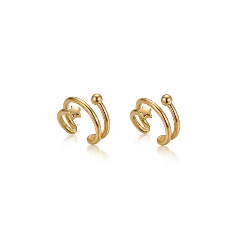 These elegant gold earrings, featuring a double design adorned with a delicate star and a sparkling, prominent ball, offer exceptional luxury. They require no ear piercing for easy wear and all-day comfort. - Image 1