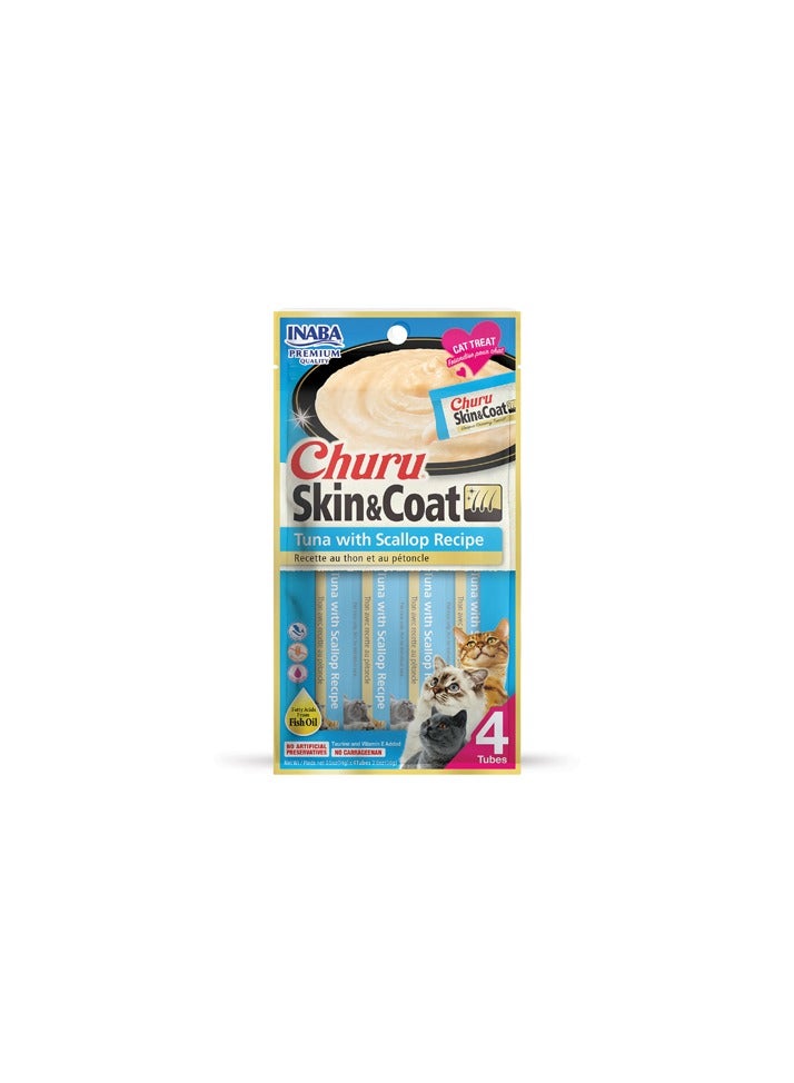 INABA Inaba Churu Skin & Coat Tuna with Scallop Recipe – 4PCS/PK, Inaba Cat Treats, Grain-Free, Toppers for cat foods, Lickable treats for cats, Side Dish/ Complement/ Topper/ Treat for Cats with Vitamin E  - Image 1
