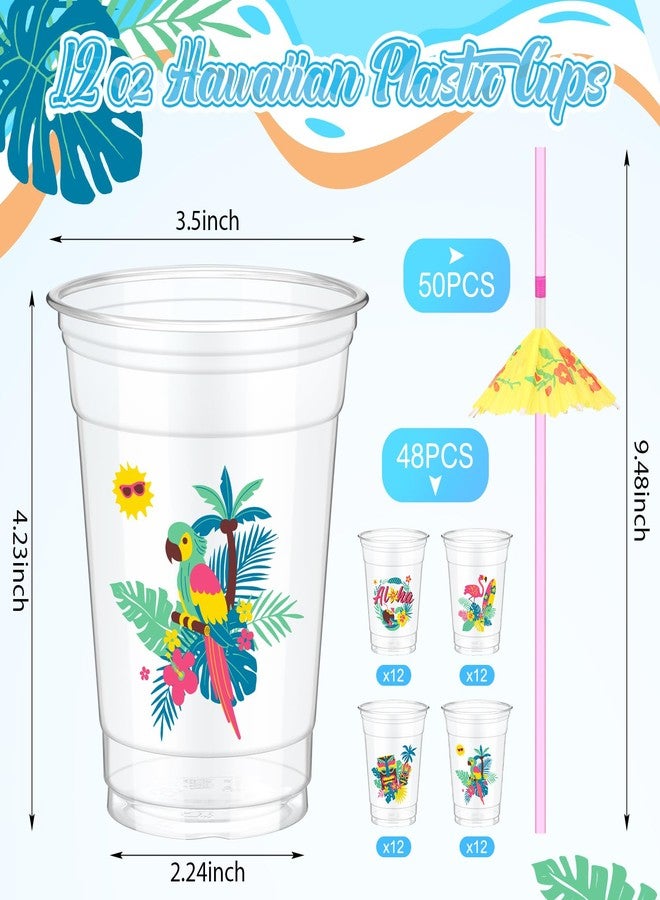 Jingmore 48 Set Hawaiian Luau Party Cups with Umbrella Straws 12 oz Tiki Tropical Plastic Disposable Cups Clear Flamingo Drinkware for Summer Beach Pool Birthday Party Supplies Decorations - Image 3