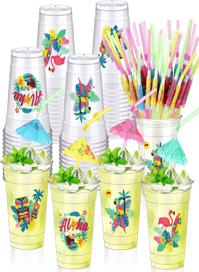 Jingmore 48 Set Hawaiian Luau Party Cups with Umbrella Straws 12 oz Tiki Tropical Plastic Disposable Cups Clear Flamingo Drinkware for Summer Beach Pool Birthday Party Supplies Decorations - Image 1