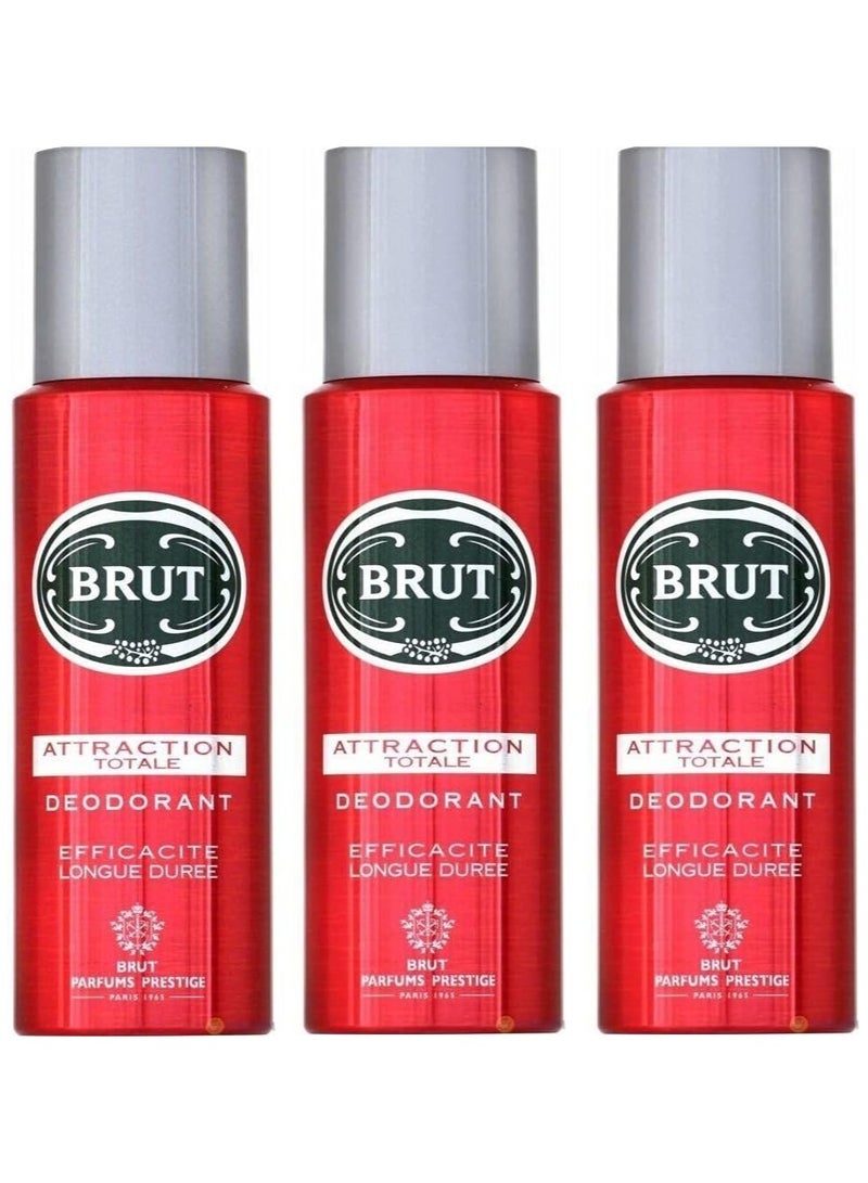 Brut Attraction Totale Mens Gents Deodorant Spray 200 ml 3 Pack