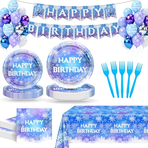 Lecheme Frozen Birthday Decorations 194 Pcs Winter Wonderland Birthday Decorations Banner Snowflake Plates Napkins Tablecloth Tableware Set Frozen Winter Party Supplies Serve 24 - Image 1