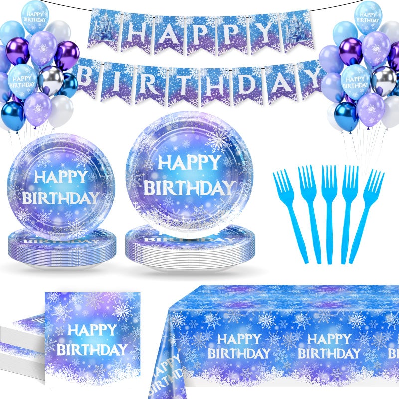 Lecheme Frozen Birthday Decorations 194 Pcs Winter Wonderland Birthday Decorations Banner Snowflake Plates Napkins Tablecloth Tableware Set Frozen Winter Party Supplies Serve 24 - Image 3
