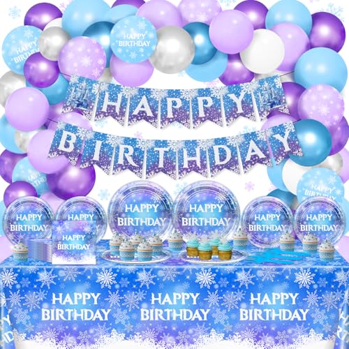 Lecheme Frozen Birthday Decorations 194 Pcs Winter Wonderland Birthday Decorations Banner Snowflake Plates Napkins Tablecloth Tableware Set Frozen Winter Party Supplies Serve 24 - Image 5