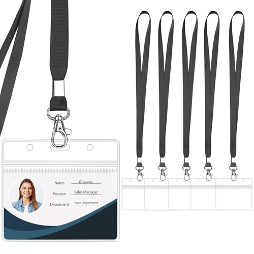 WILLIZTER Clear ID Badge Holder with Lanyard Water Proof Horizontal Display Identification Card Name Card Protector with Zipper Resealable Nametag Holder (Black - 6PCS) - Image 1