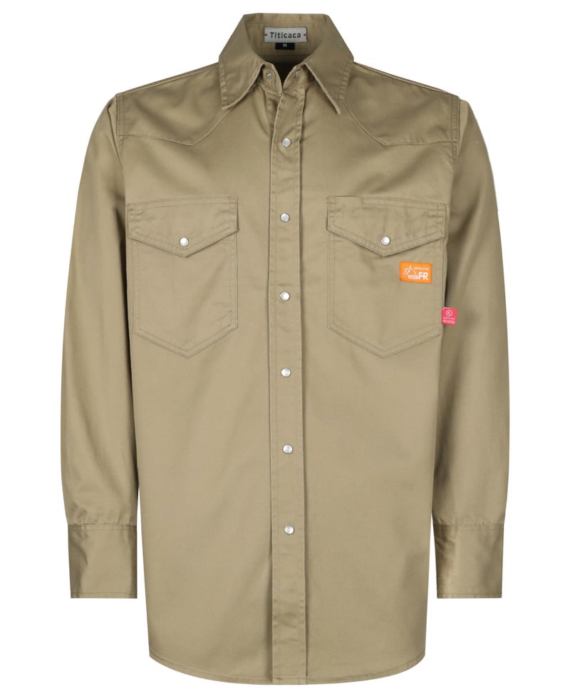 Titicaca FR Work Shirt Pearl Snaps Flame Resistant Shirt Mens Cotton 65oz Lightweight Khaki Welders Shirts