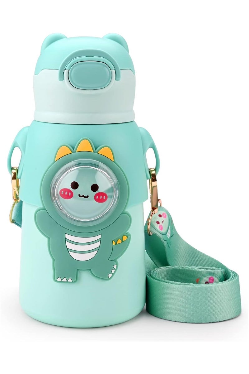 Mobcos Cute Cartoon Kids Water Bottle with Straw, Stainless Steel Drinking Bottle with Straps Reusable Metal Water Bottle Leak Proof Vacuum Insulated Water Bottles for Girls and Boys Keep Hot and Cold (Green) - Image 1