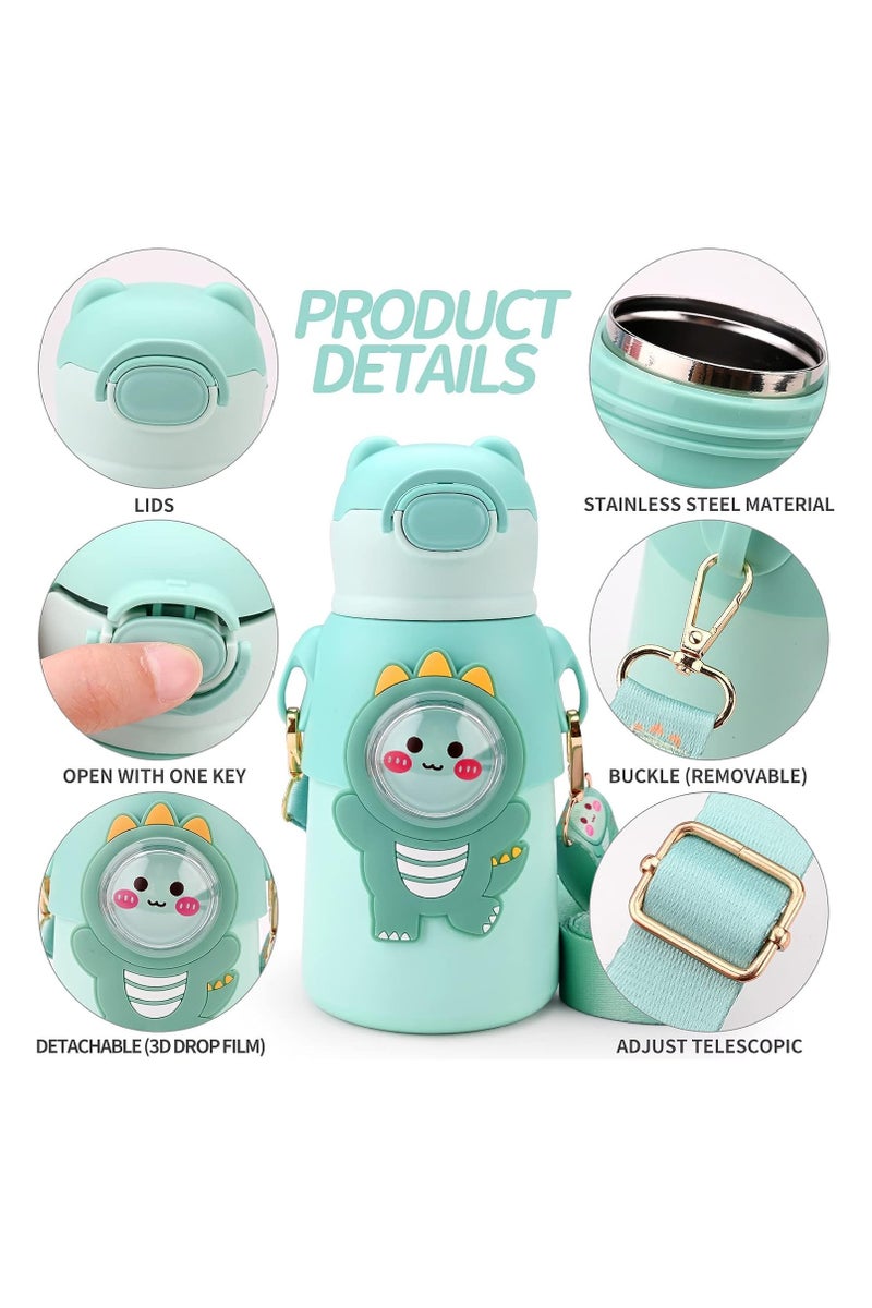 Mobcos Cute Cartoon Kids Water Bottle with Straw, Stainless Steel Drinking Bottle with Straps Reusable Metal Water Bottle Leak Proof Vacuum Insulated Water Bottles for Girls and Boys Keep Hot and Cold (Green) - Image 2