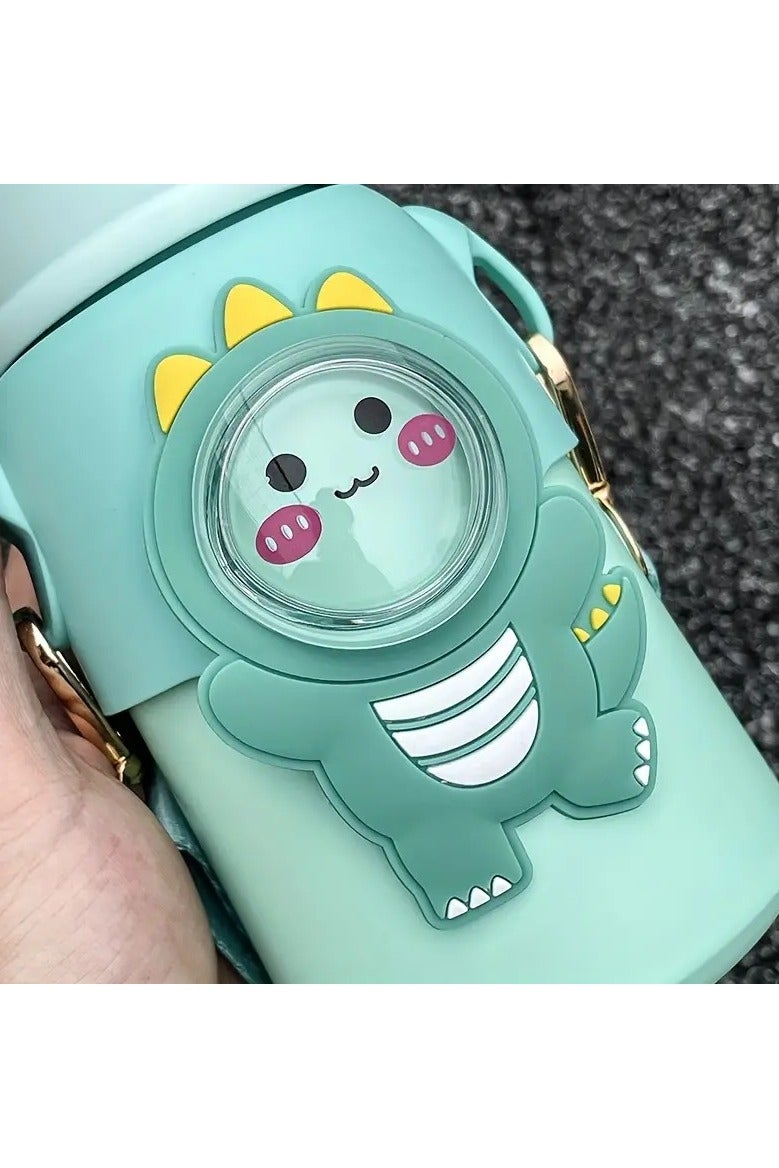 Mobcos Cute Cartoon Kids Water Bottle with Straw, Stainless Steel Drinking Bottle with Straps Reusable Metal Water Bottle Leak Proof Vacuum Insulated Water Bottles for Girls and Boys Keep Hot and Cold (Green) - Image 4
