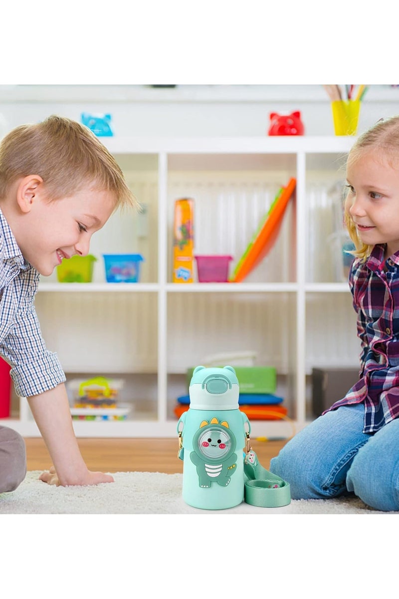 Mobcos Cute Cartoon Kids Water Bottle with Straw, Stainless Steel Drinking Bottle with Straps Reusable Metal Water Bottle Leak Proof Vacuum Insulated Water Bottles for Girls and Boys Keep Hot and Cold (Green) - Image 5