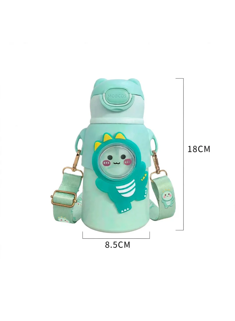 Mobcos Mobcos Cute Cartoon Kids Water Bottle with Straw, Stainless Steel Drinking Bottle with Straps Reusable Metal Water Bottle Leak Proof Vacuum Insulated Water Bottles for Girls and Boys Keep Hot and Cold (Green)