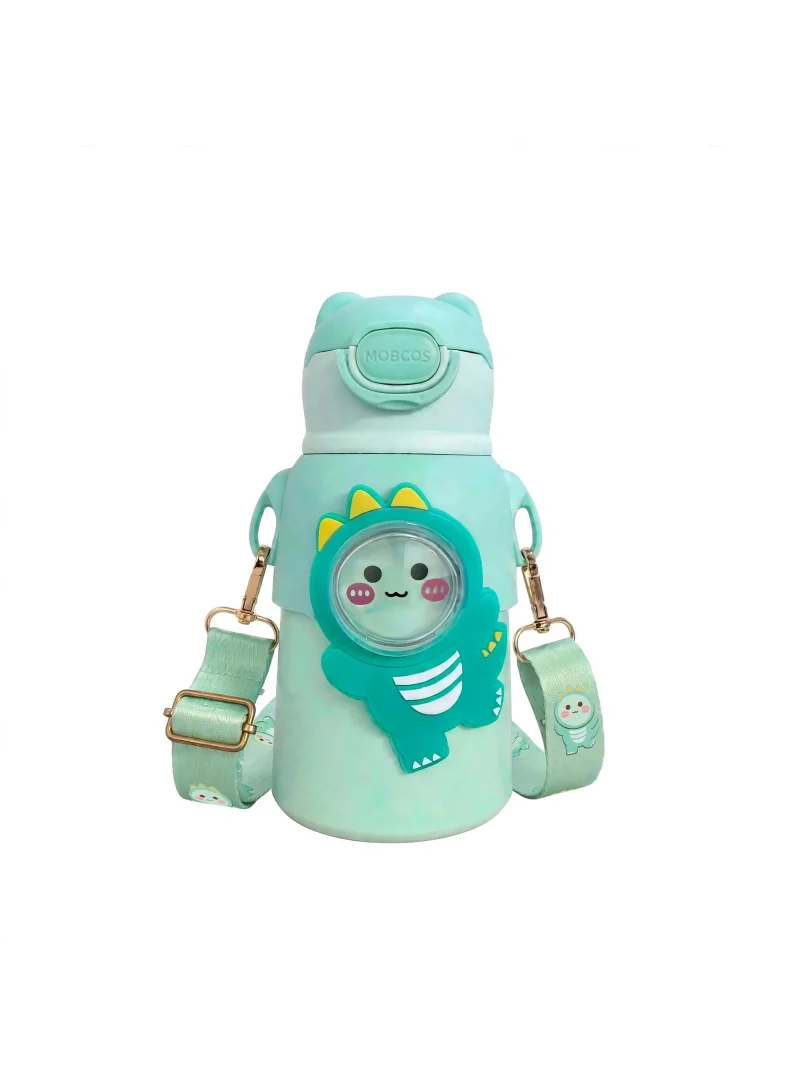Mobcos Mobcos Cute Cartoon Kids Water Bottle with Straw, Stainless Steel Drinking Bottle with Straps Reusable Metal Water Bottle Leak Proof Vacuum Insulated Water Bottles for Girls and Boys Keep Hot and Cold (Green)