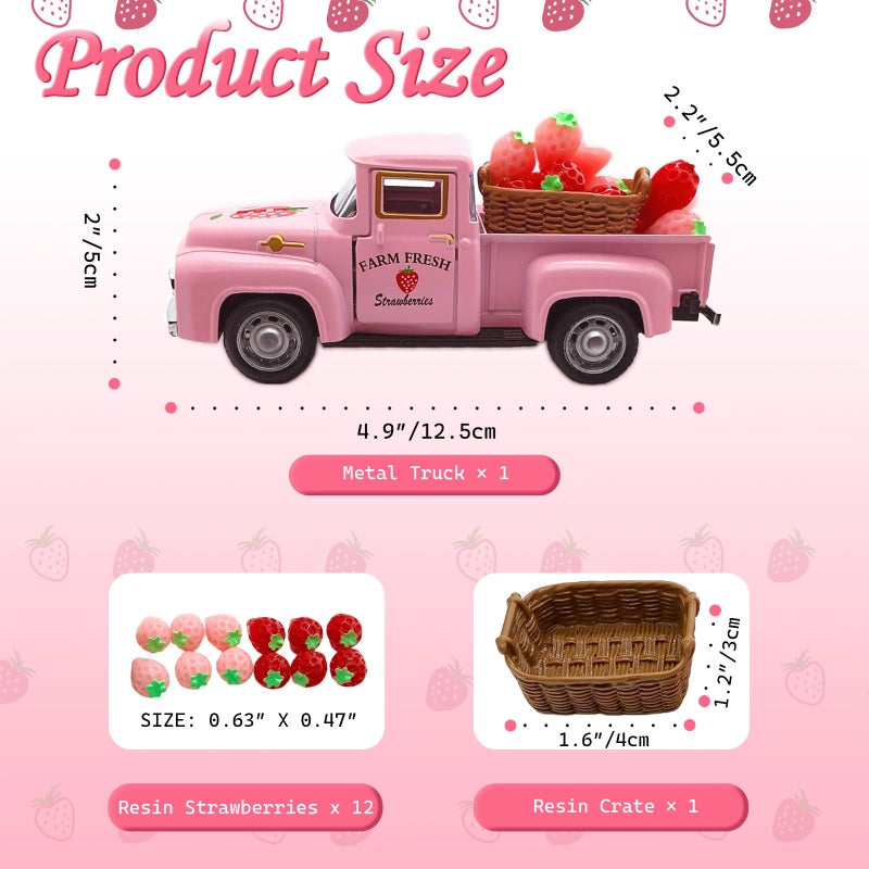 YimiBloss 4.9â€³ Mini Vintage Strawberry Pink Metal Farm Truck Decor with Fake Strawberries, Home Kitchen Centerpieces for Tables Farmhouse Pickup Tiered Tray Stand Decorations, Spring & Christmas Desk Display - Image 3