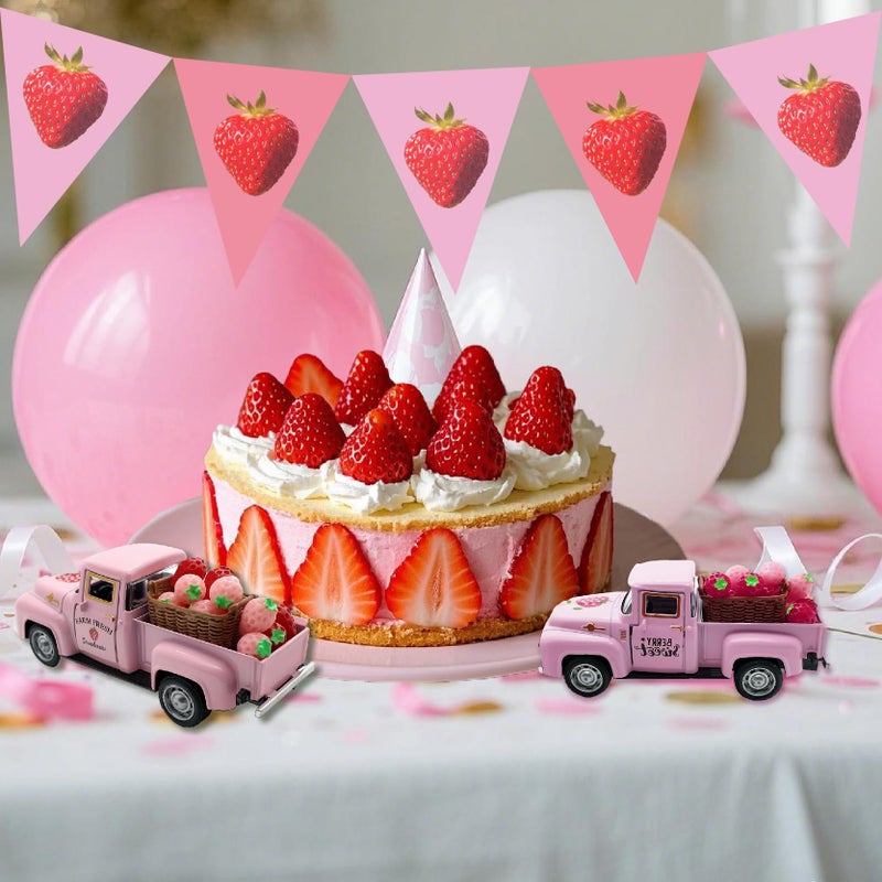 YimiBloss 4.9â€³ Mini Vintage Strawberry Pink Metal Farm Truck Decor with Fake Strawberries, Home Kitchen Centerpieces for Tables Farmhouse Pickup Tiered Tray Stand Decorations, Spring & Christmas Desk Display - Image 4