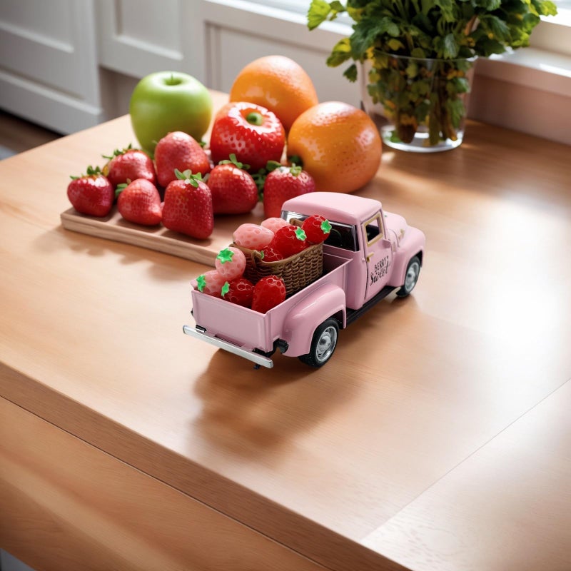 YimiBloss 4.9â€³ Mini Vintage Strawberry Pink Metal Farm Truck Decor with Fake Strawberries, Home Kitchen Centerpieces for Tables Farmhouse Pickup Tiered Tray Stand Decorations, Spring & Christmas Desk Display - Image 5